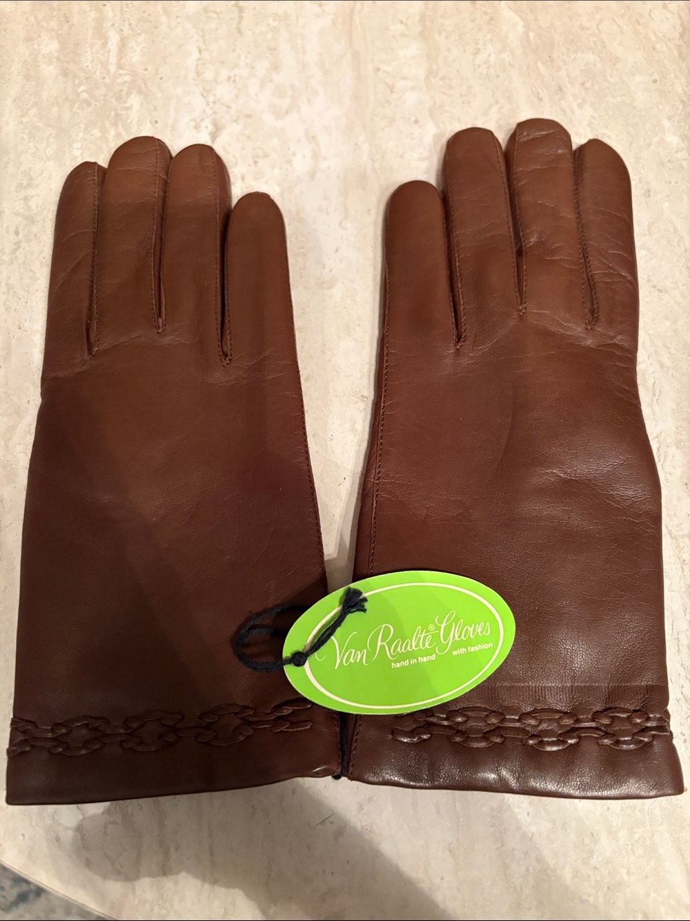 Van Raalte Women's Brown Leather Gloves with Braided Cuff